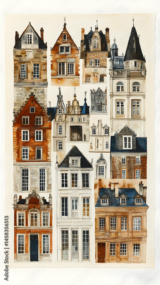 Fototapeta premium Watercolor painting of a charming collection of European-style houses, showcasing diverse architectural details and warm earth tones