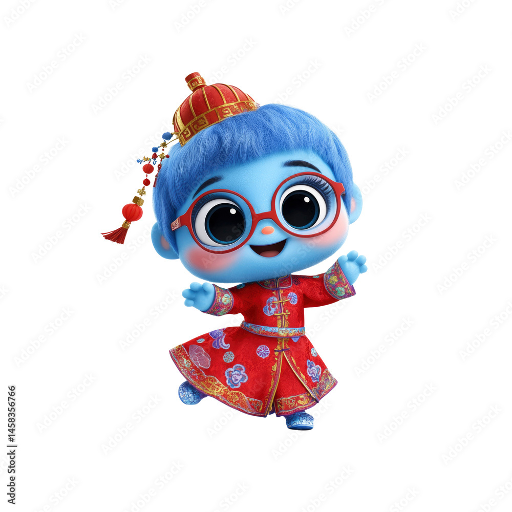Adorable Blue Cartoon Character in Traditional Chinese Clothing