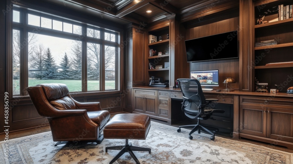 Fototapeta premium Brown leather recliner with ottoman in a modern home office