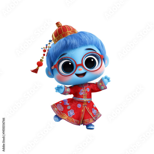 Obraz na płótnie Adorable Blue Cartoon Character in Traditional Chinese Clothing w salonie
