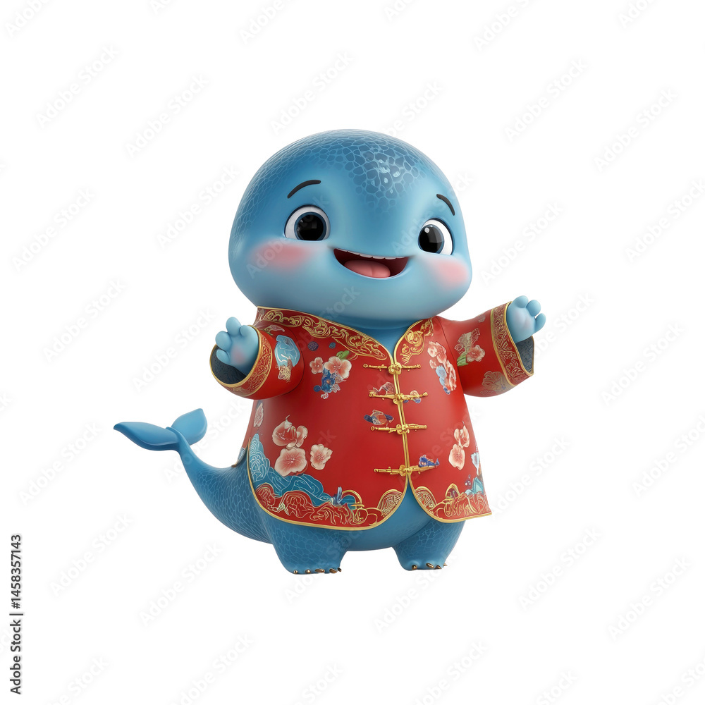 Adorable 3D Render of a Blue Dolphin Character in Traditional Chinese Clothing