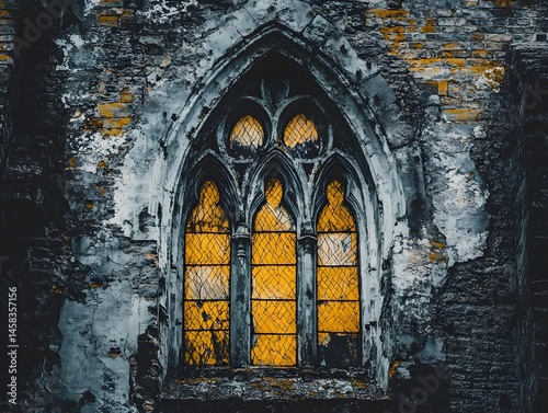 Gothic Arch Window in Ruins, Old Church, Decayed Stone, Yellow Glass