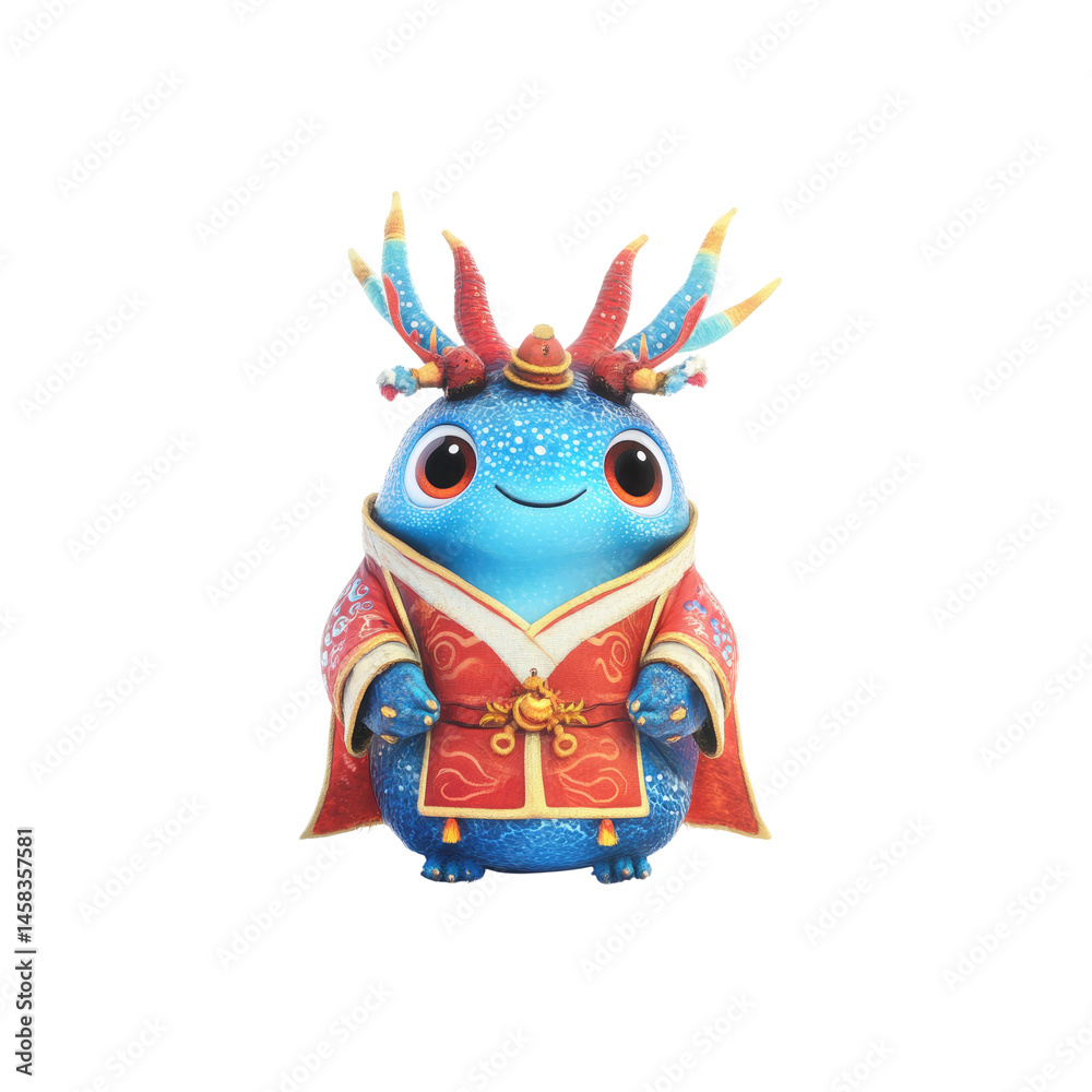 Adorable Blue Fantasy Creature in Red Robe, 3D Render