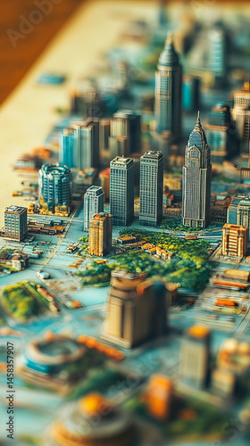 Detailed miniature cityscape model, showcasing diverse architecture, parks, and waterways on a textured surface