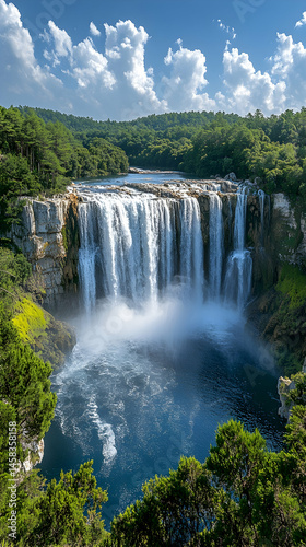 Majestic waterfall cascading into a vibrant blue pool, surrounded by lush green tropical foliage under a partly cloudy sky