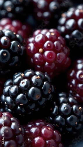 Close-up of dark, ripe blackberries glistening with juice , still life, dark, background