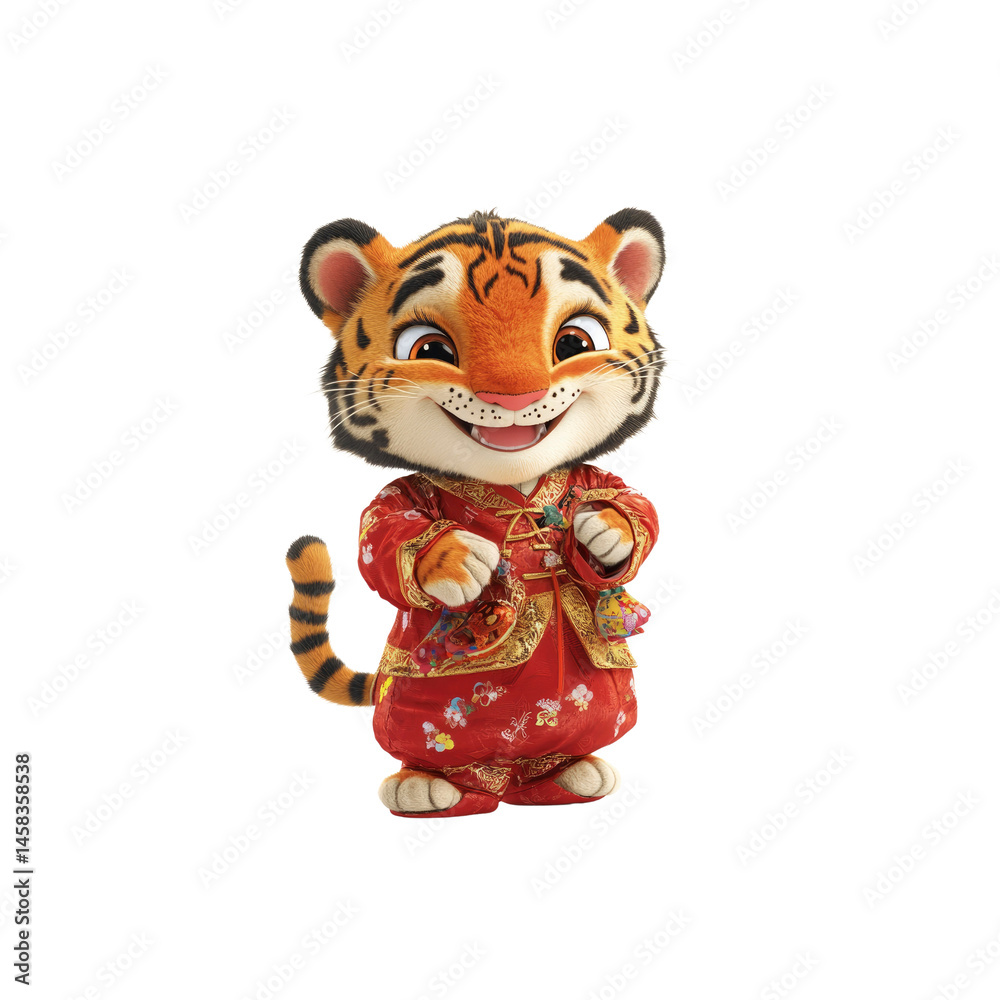 Adorable Cartoon Tiger Cub in Traditional Chinese Clothing Celebrating Lunar New Year