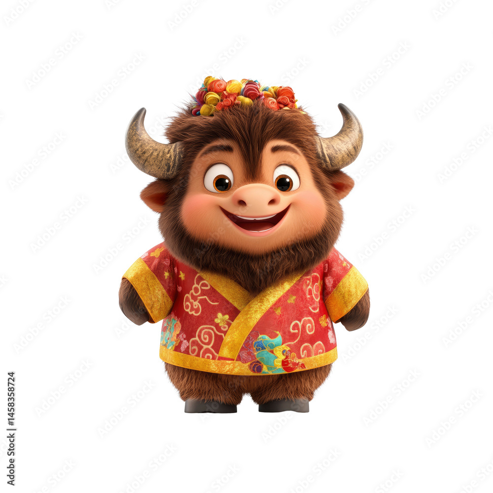 Adorable Cartoon Yak in Traditional Chinese Clothing for Lunar New Year