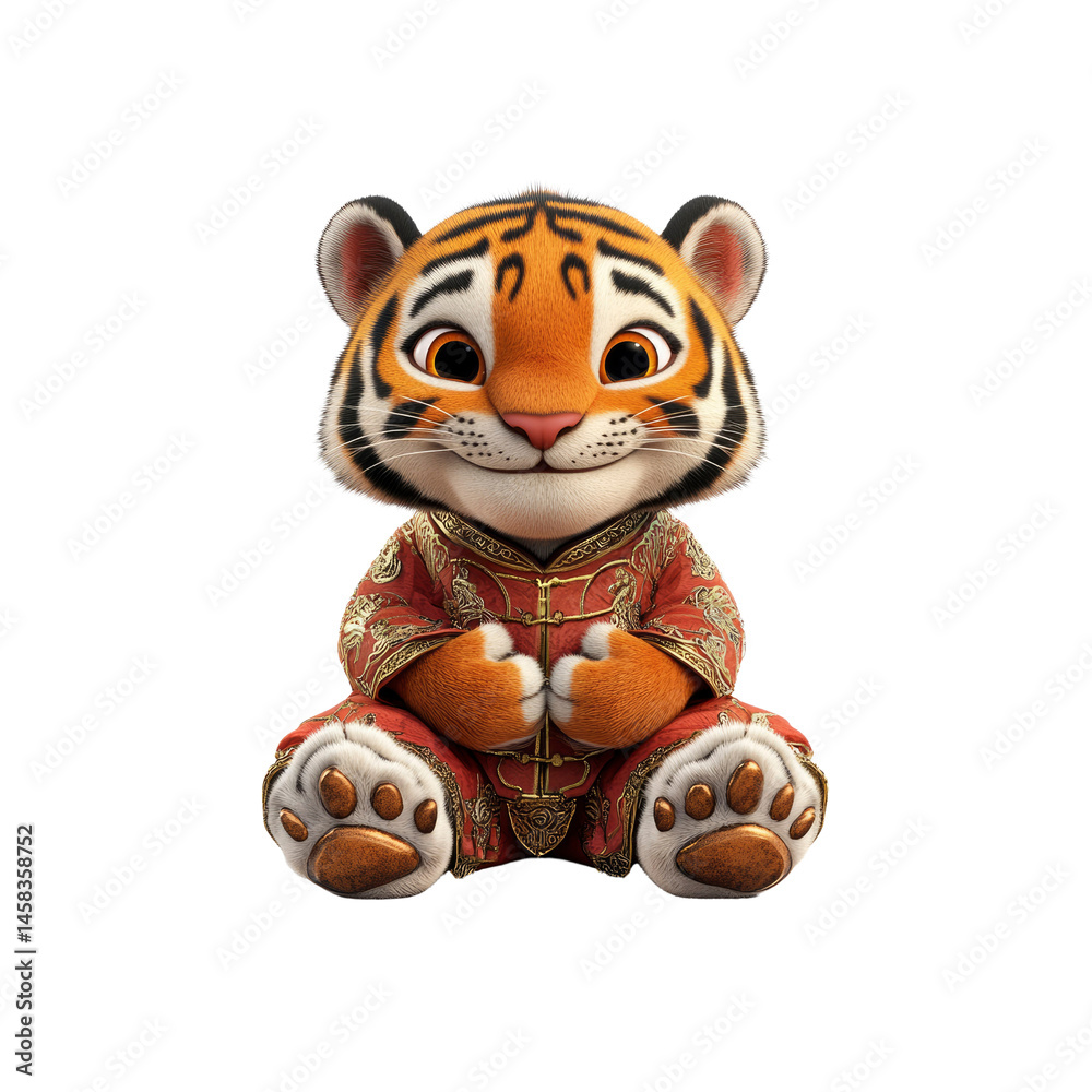 Adorable Cartoon Tiger Cub in Traditional Chinese Clothing