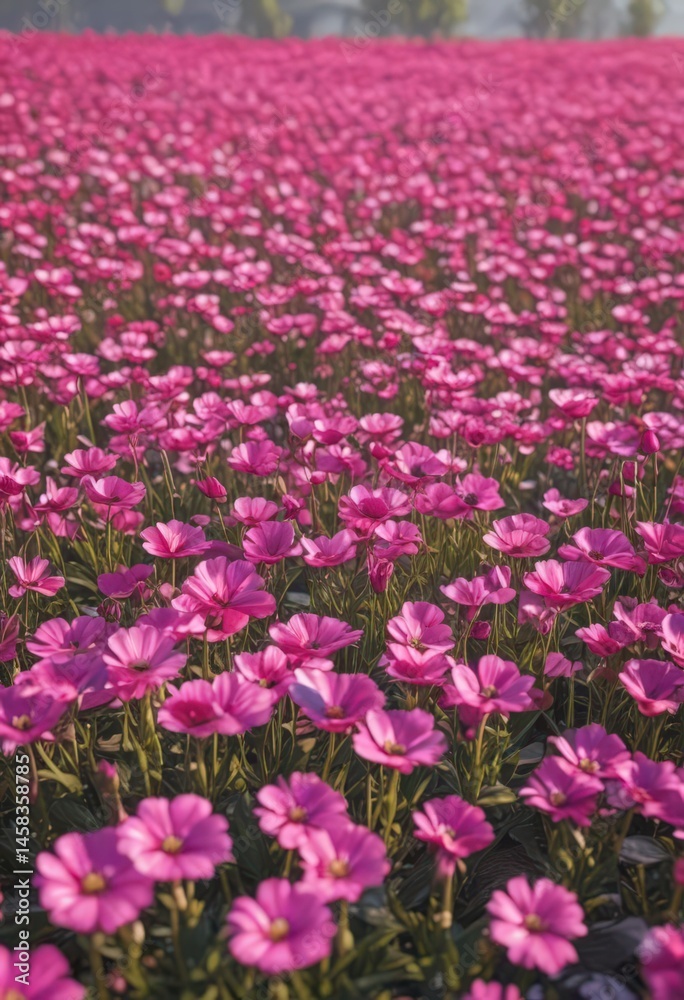 Fototapeta premium Vibrant pink flower field, sunlit, close-up view , close-up, sunlight, summer