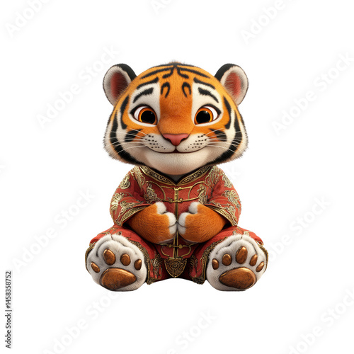 Obraz na płótnie Adorable Cartoon Tiger Cub in Traditional Chinese Clothing w salonie