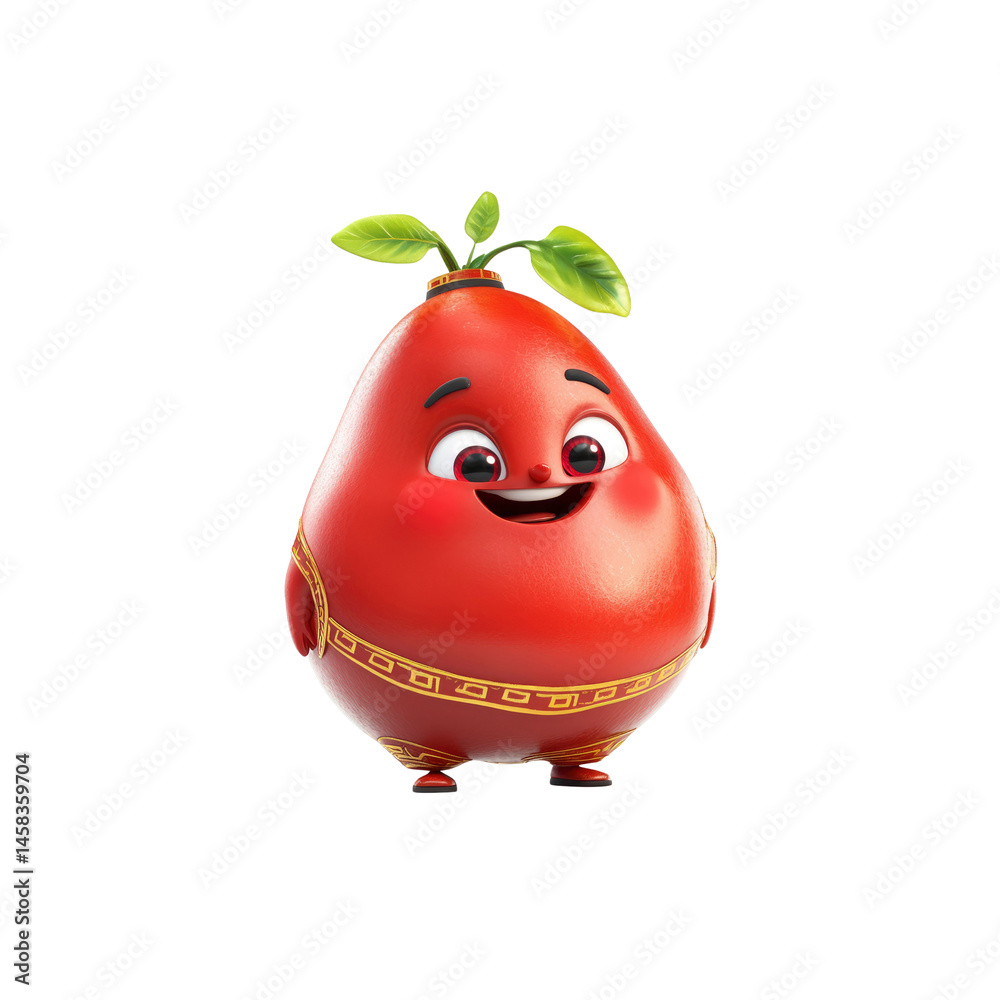 Cheerful Cartoon Red Fruit Character with Chinese-Style Ornamentation