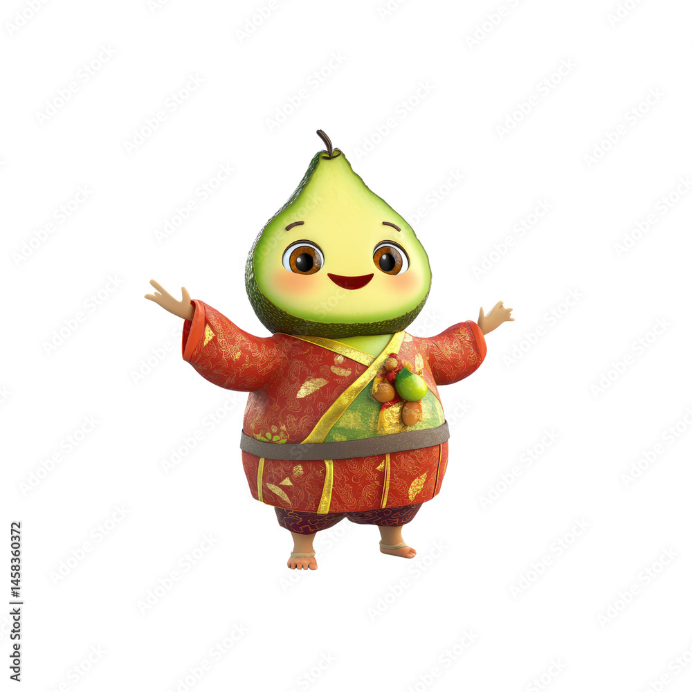 Adorable Avocado Character in Traditional Asian Clothing Welcoming Pose