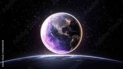 A breathtaking view of planet Earth from space showcasing city lights and a vibrant purple aura against a dark starry backdrop.