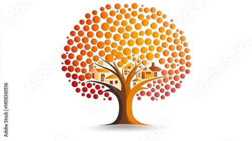 Autumnal Tree Village: A Colorful Abstract Depiction of a Cozy Community Nestled Within the Branches of a Stylized Tree, Representing Home, Harmony, and Community Spirit.