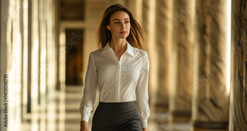 Elegant Businesswoman in White Blouse and Pencil Skirt Walking Confidently Through a Marble Hallway with Tall Classical Columns and Soft Ambient Lighting.
