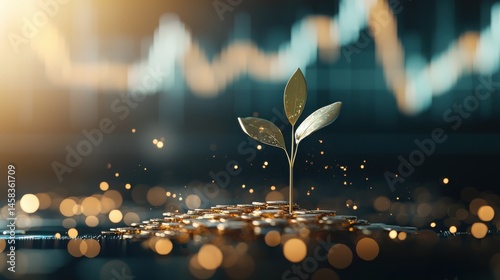 A small plant grows from a pile of coins, symbolizing financial growth and investment success amid a glowing, abstract background. photo