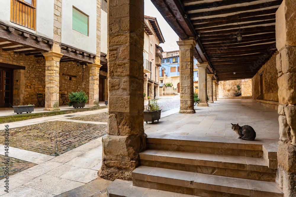 Street with arcades and stone columns in the tourist village of Rafales, Teruel, Spain.