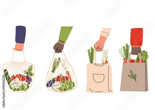 Diverse hands holding eco friendly shopping bags filled with fresh vegetables. Flat style illustration promoting sustainability, healthy eating, and inclusive green living. Vector illustration