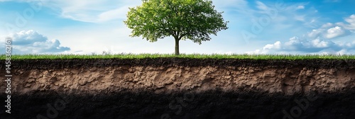 Lush green tree rooted in rich, layered soil, contrasted against a vibrant blue sky