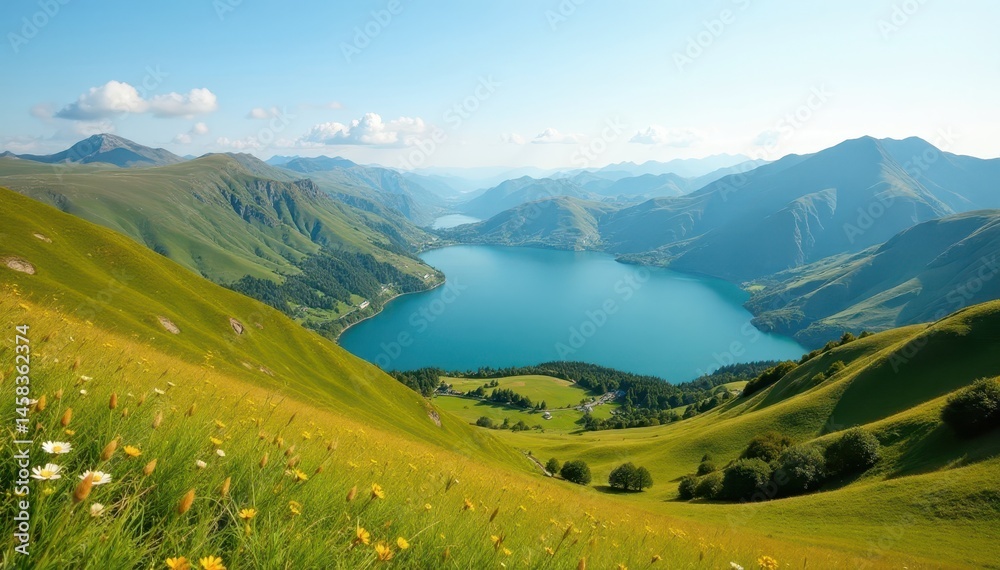 Fototapeta premium Rolling hills, distant lake, Stanserhorn backdrop, green, Stanserhorn, outdoor