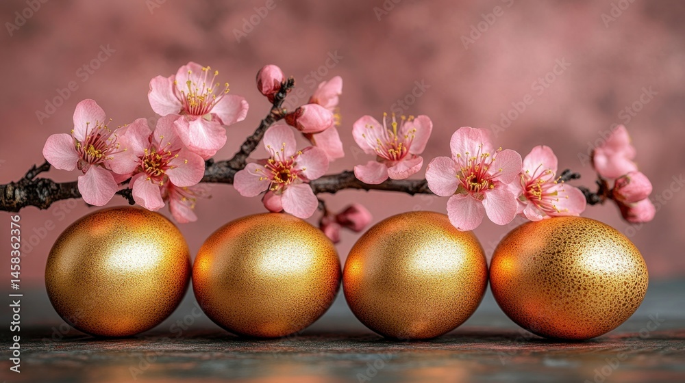 Fototapeta premium Golden Easter eggs with delicate pink blossoms