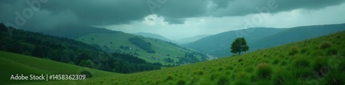 Rolling hills drenched in rain under a brooding, grey sky , graphic, sky