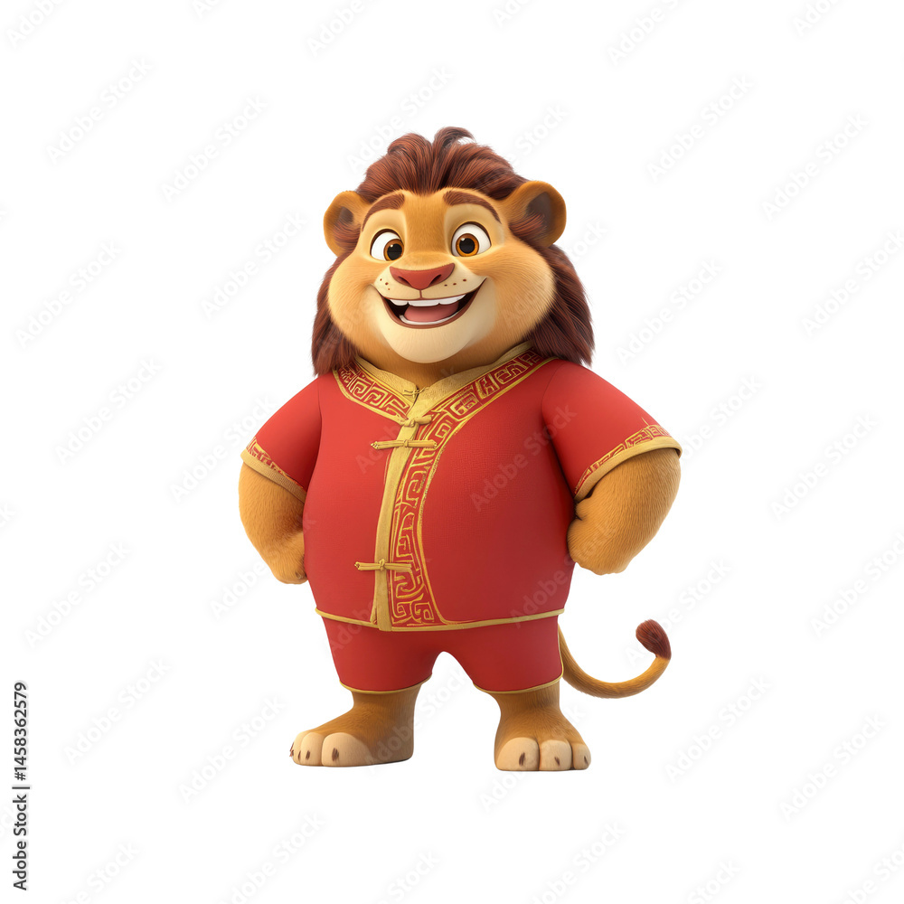 Cheerful Cartoon Lion in Traditional Chinese Clothing