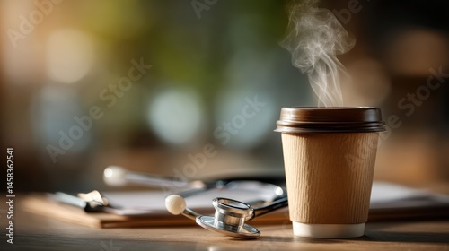 Warm coffee cup, stethoscope, and clipboard on a wooden surface.  Steaming coffee cup sits on a wooden table next to a stethoscope and clipboard. Blurred medical office background