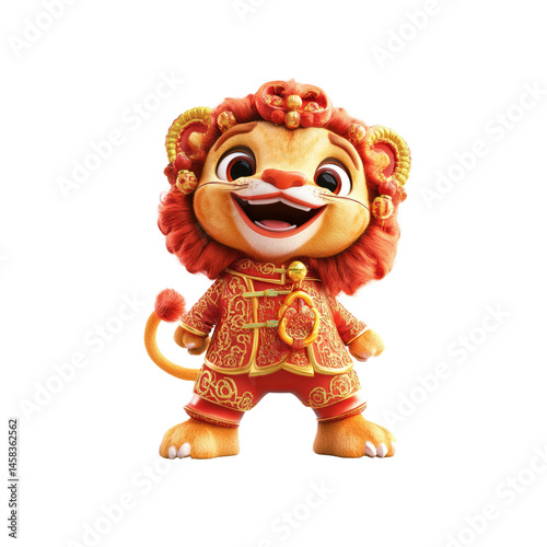 Obraz na płótnie Adorable Cartoon Lion in Traditional Chinese Costume for Lunar New Year w salonie