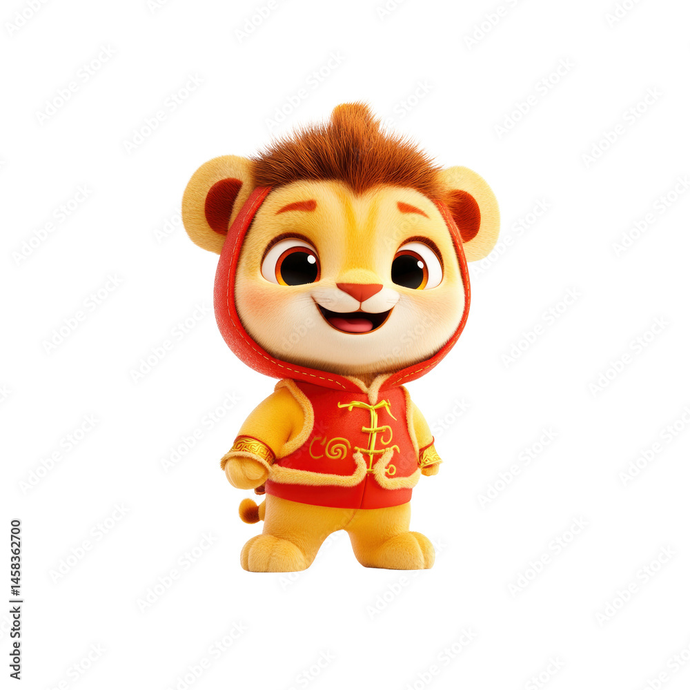 Adorable 3D Render of a Lion Cub in Traditional Chinese Clothing for Lunar New Year