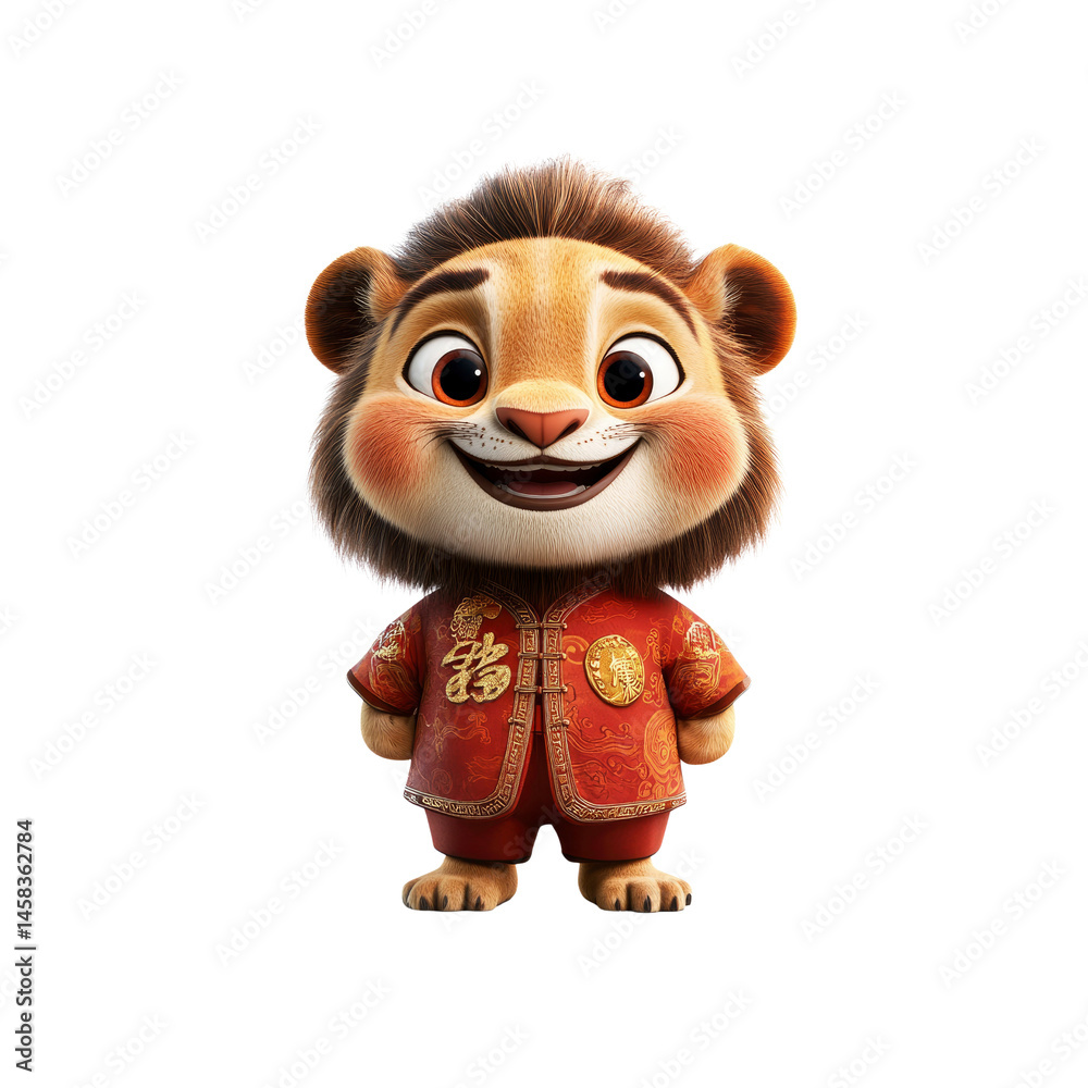 Adorable Cartoon Lion Cub in Traditional Chinese New Year Clothing