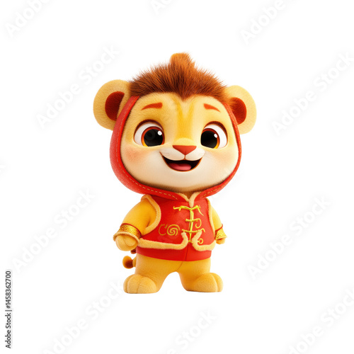 Adorable 3D Render of a Lion Cub in Traditional Chinese Clothing for Lunar New Year