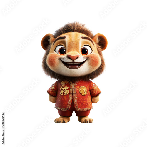 Obraz na płótnie Adorable Cartoon Lion Cub in Traditional Chinese New Year Clothing w salonie