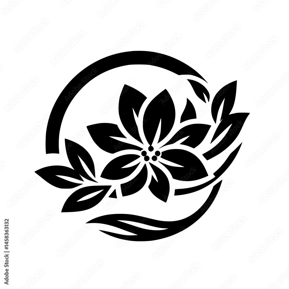 Fototapeta premium Elegant Black and White Floral Emblem with Leaves - Vector Illustration