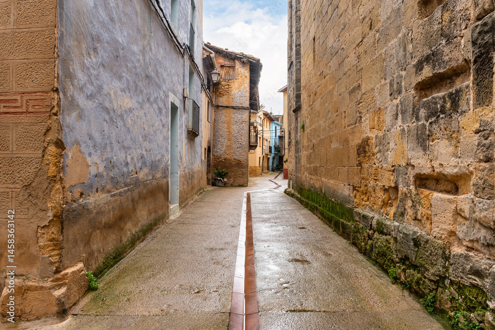 Picturesque houses with blue facades, typical of the region of Matarrana, Rafales, Teruel.