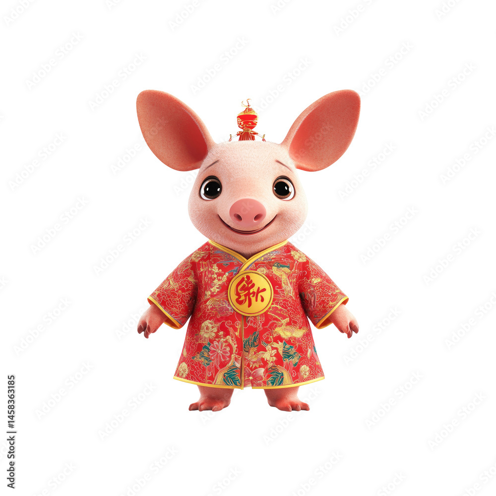 Adorable Cartoon Pig in Traditional Chinese Clothing Celebrating Lunar New Year