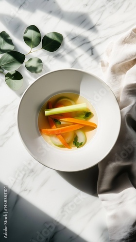 Colorful vegetable broth with fresh herbs prepared in a bowl on a marble countertop during daytime Generative AI