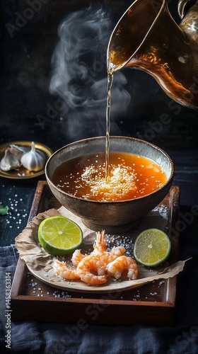Delicious shrimp served with lime and steaming broth in an elegant setting at a cozy restaurant Generative AI