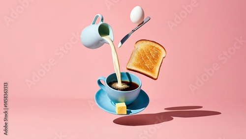 Breakfast essentials creatively arranged with coffee, toast, egg, and butter against a pastel background Generative AI
