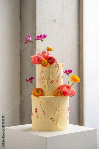 Beautifully decorated two-tier cake adorned with vibrant flowers in a bright indoor setting Generative AI