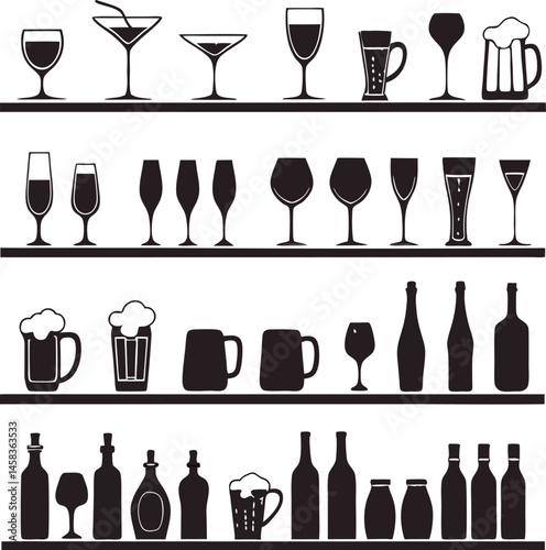 Elegant Assortment of Bar Glasses and Bottles for Stylish Drink Presentation