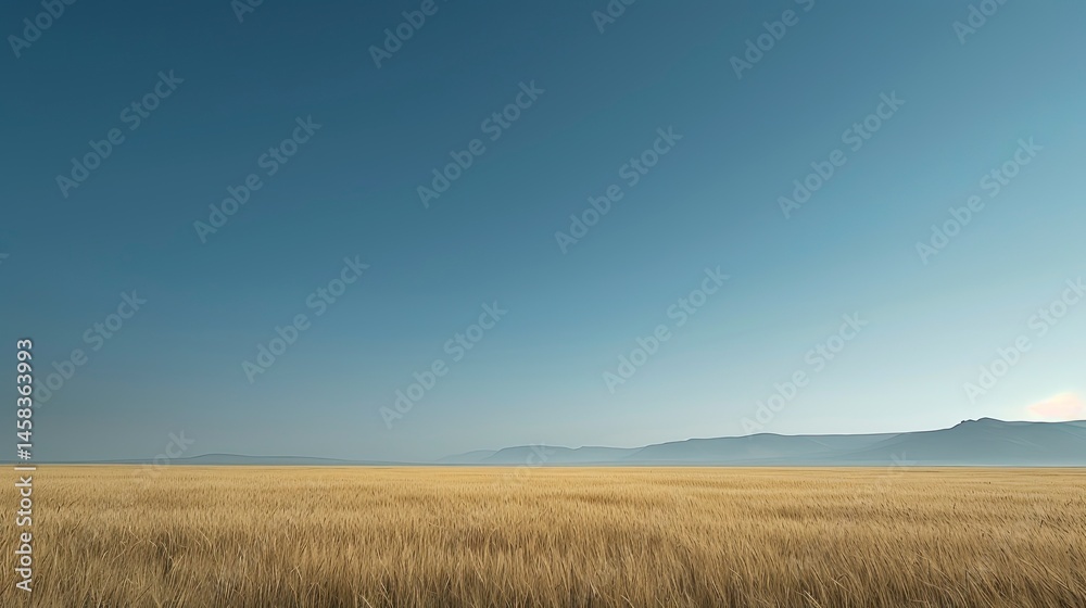 Fototapeta premium Golden wheat field stretches to hazy mountain range under a vast blue sky