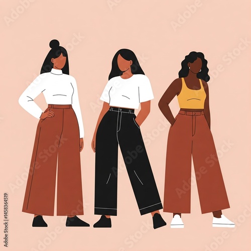 Flat vector image of diverse young woman together. Women's Day concept