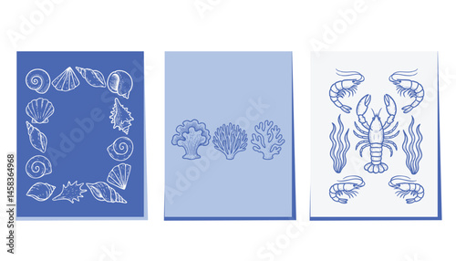 Set of three nautical illustrations with seashell frames, coral silhouettes, and crustaceans like shrimp and lobster in hand drawn blue line style. Vector illustration