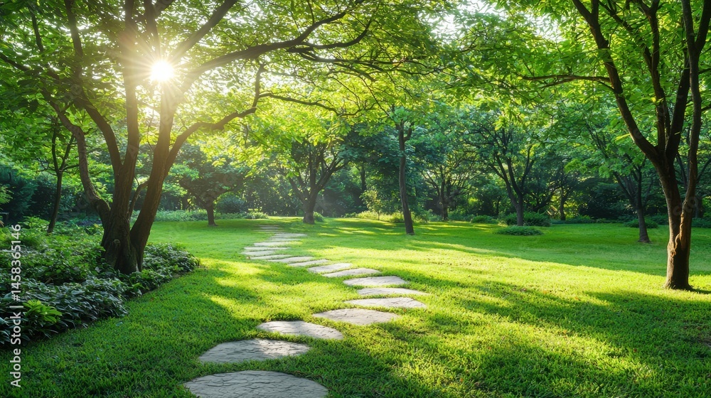 Naklejka premium A tranquil garden path winds through lush green grass and under the shade of large trees bathed in warm sunlight.