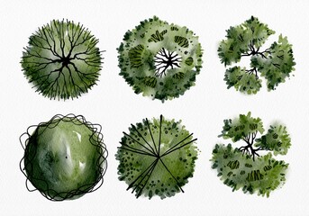 Leinwandbilder Olivgrün Hand-drawn architectural top view tree symbols set for landscape and garden planning.  © NaPUN