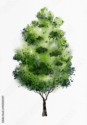 Watercolor tall conical tree elevation view with green foliage and trunk for architectural and landscape drawings