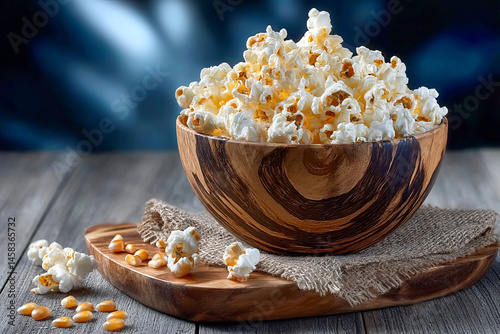 Freshly popped popcorn in a handcrafted wooden bowl on a rustic table with corn kernels.