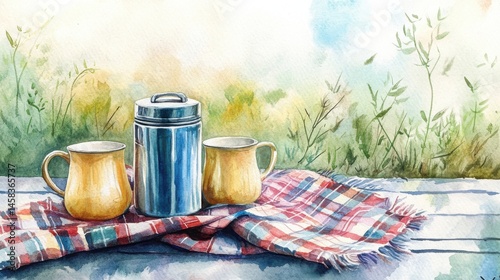 Obraz na płótnie Watercolor painting of two yellow mugs and a thermos on a plaid blanket, outdoors on a wooden table with greenery in the background. w salonie